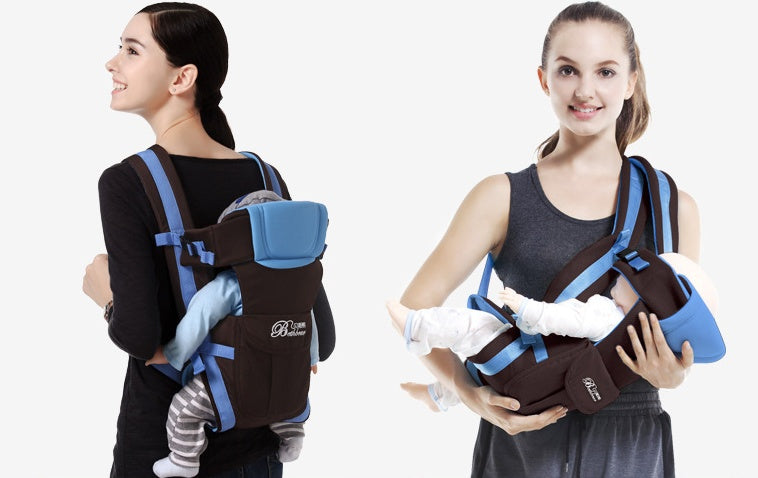 Mothers using double shoulder baby carriers with hip seat support for comfortable and strain-free baby carrying, suitable for 0-24 month babies.