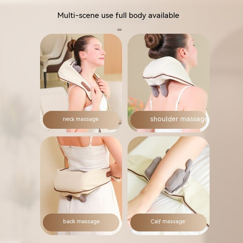 Woman using home kneading shoulder and neck massager for neck, shoulder, back, and calf massage.