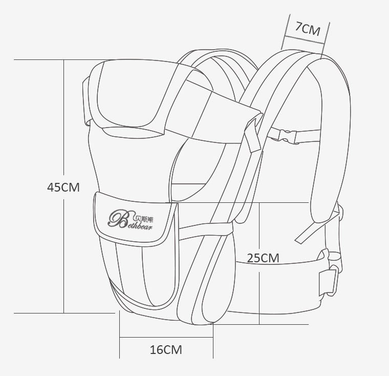 Diagram of a double shoulder baby carrier with dimensions for mother and child travel supplies, showing 100% polyester material and adjustable straps.