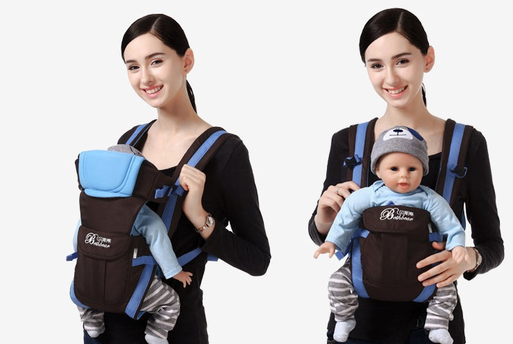 Mother using double shoulder baby carrier with unique hip seat for less strain, carrying a baby doll to show travel convenience and comfort.