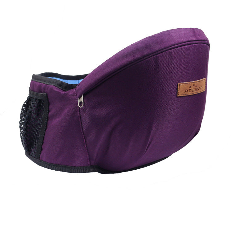 Purple baby waist stool carrier with ergonomic design and mesh pocket for small objects. Suitable for 3-18 months, load bearing up to 20 kg.