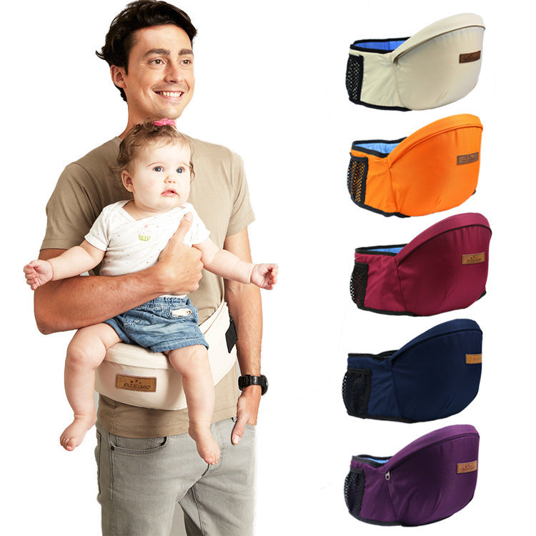 Man using a baby waist stool carrier with a child, showcasing five color options: cream, orange, pink, blue, and purple.