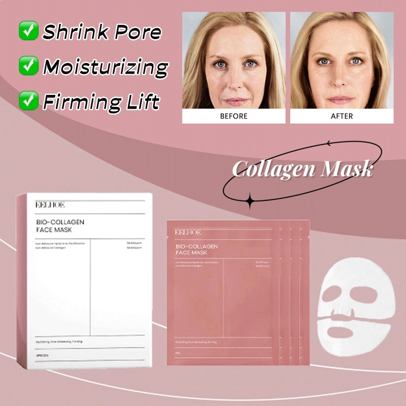 Bio-collagen face mask for shrinking pores, moisturizing, and firming lift with before and after results.