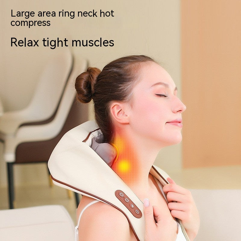 Woman using Home Kneading Hot Compress Shoulder and Neck Massager to relax muscles, powered by rechargeable battery with skin-friendly PU leather.