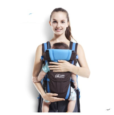 Mother using double shoulder baby carrier with hip seat for comfortable and strain-free travel, suitable for 0-24 months old babies, blue and black design