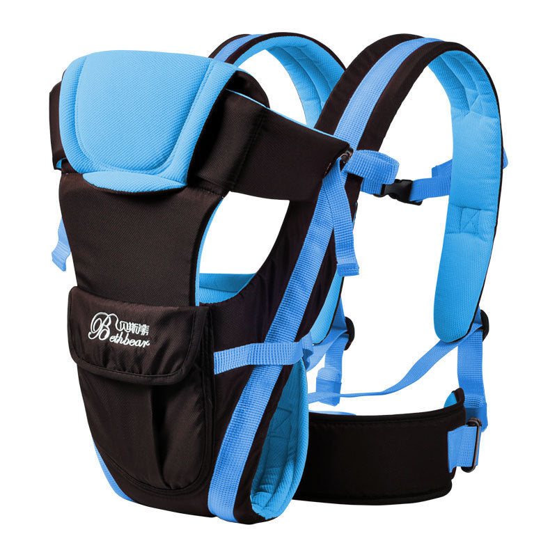 Black and blue double shoulder baby carrier with hip seat, ergonomic design, suitable for carrying babies aged 0-24 months.