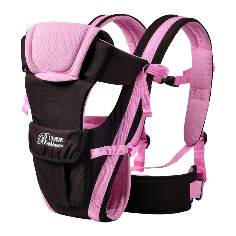 Pink and black double shoulder baby carrier for 0-24 month olds, made of 100% polyester, designed to reduce back strain.