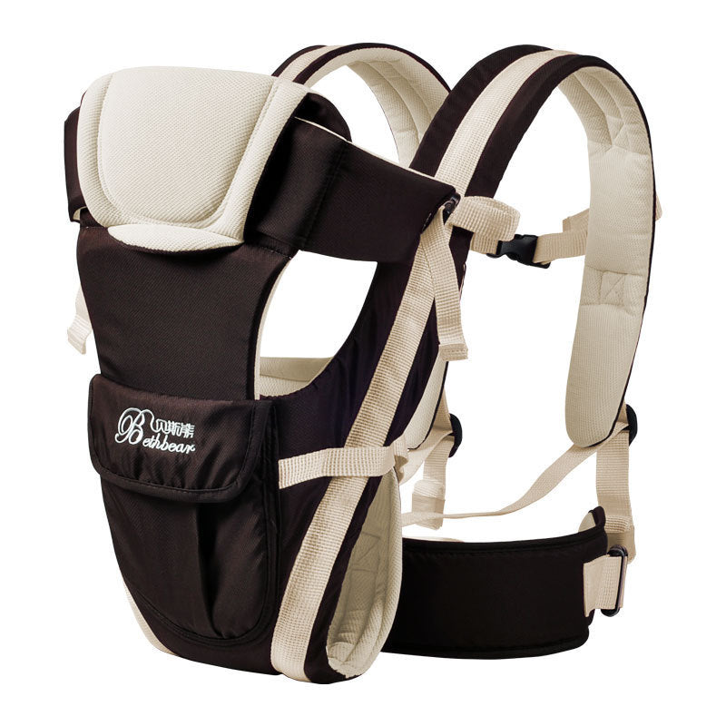 Double shoulder baby carrier made of 100% polyester with hip seat, beige and black design, suitable for 0-24 month babies up to 18kg.