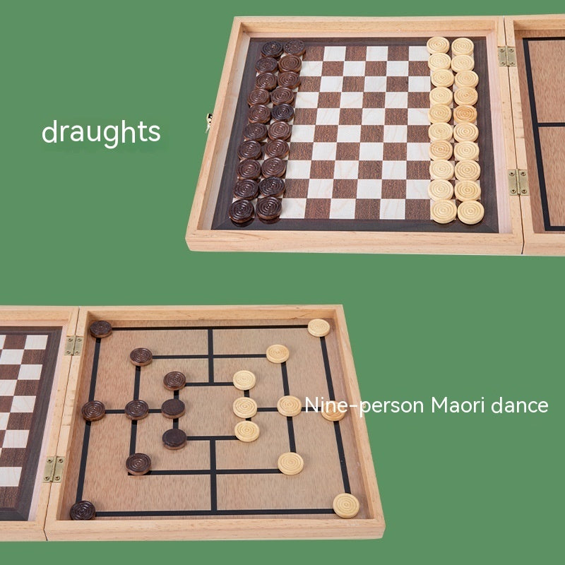 Four-in-one foldable wooden chess box set showing draughts and Nine-person Maori dance games.