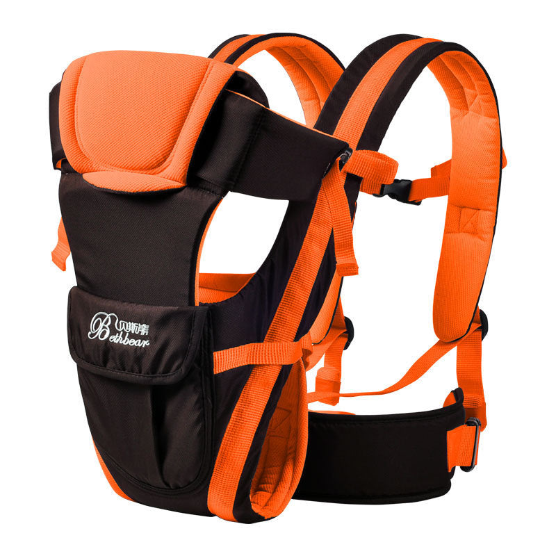 Double shoulder baby carrier in orange and black for easy and comfortable travel, suitable for 0-24 month babies, supports up to 18kg.