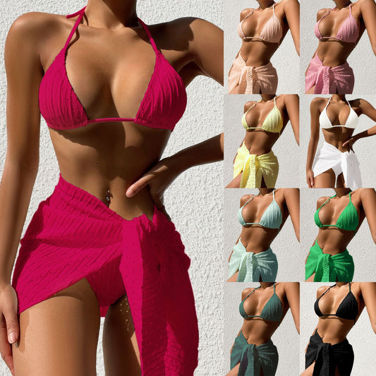 3pcs Halterneck Swimsuit Set in various solid colors, featuring a sexy backless bikini and mesh skirt for women's summer beachwear.