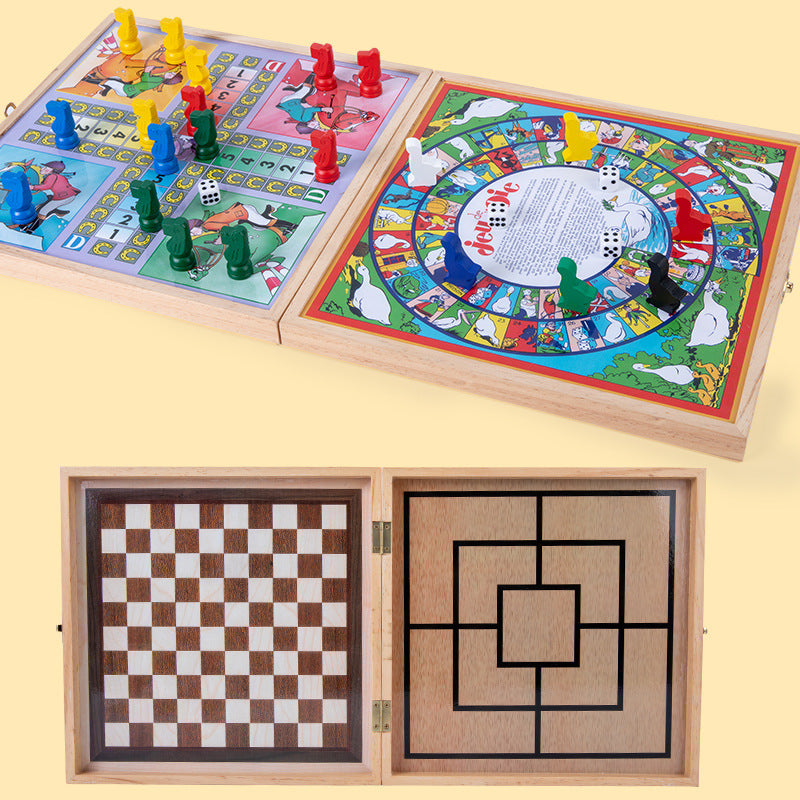 Four-in-one foldable and portable wooden game chess box set showing board games, chess, and interactive toys for parent-child activities.