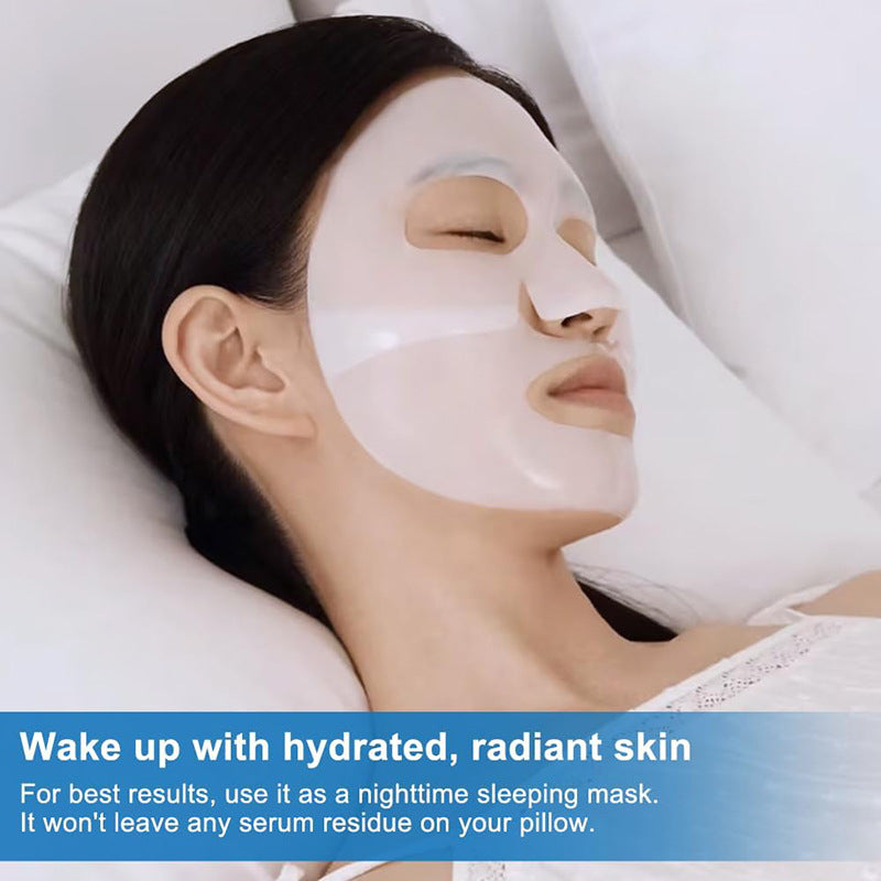 Woman wearing a face mask while sleeping, promoting hydration, radiance, and overnight skin care benefits.