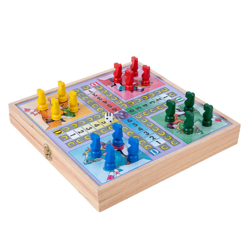 Wooden four-in-one foldable and portable storage game chess box set with colorful pieces and dice for interactive play and parent-child communication