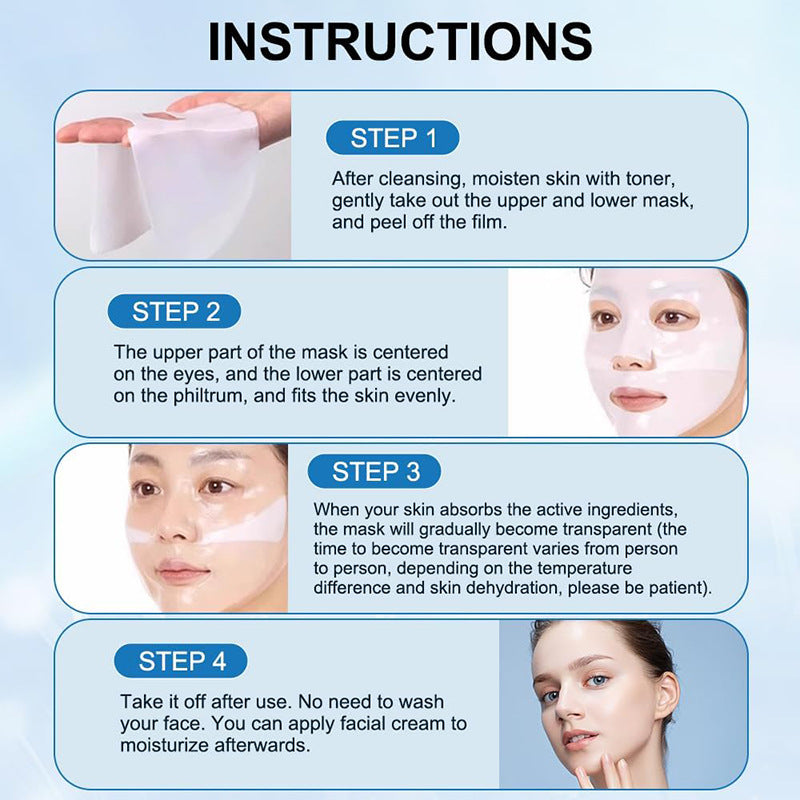 Instructions for using a collagen face mask, including steps for application and removal, emphasizing hydration and firming benefits.