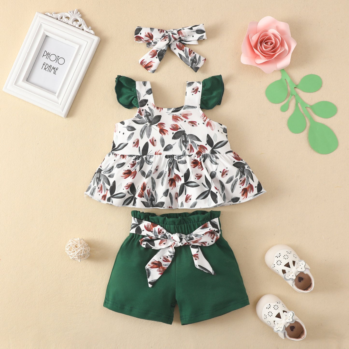 Girls' Fashion Flounced Sleeve Top And Shorts Three-piece Suit