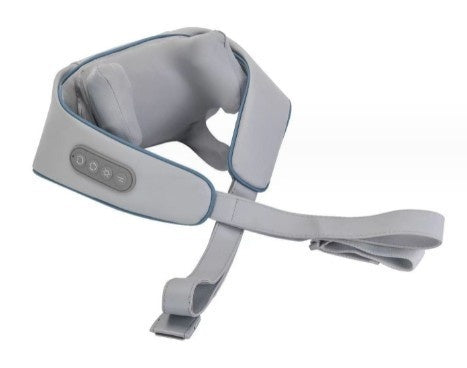 Home kneading hot compress shoulder and neck massager in grey with mechanical control buttons, rechargeable, and made of PU leather.