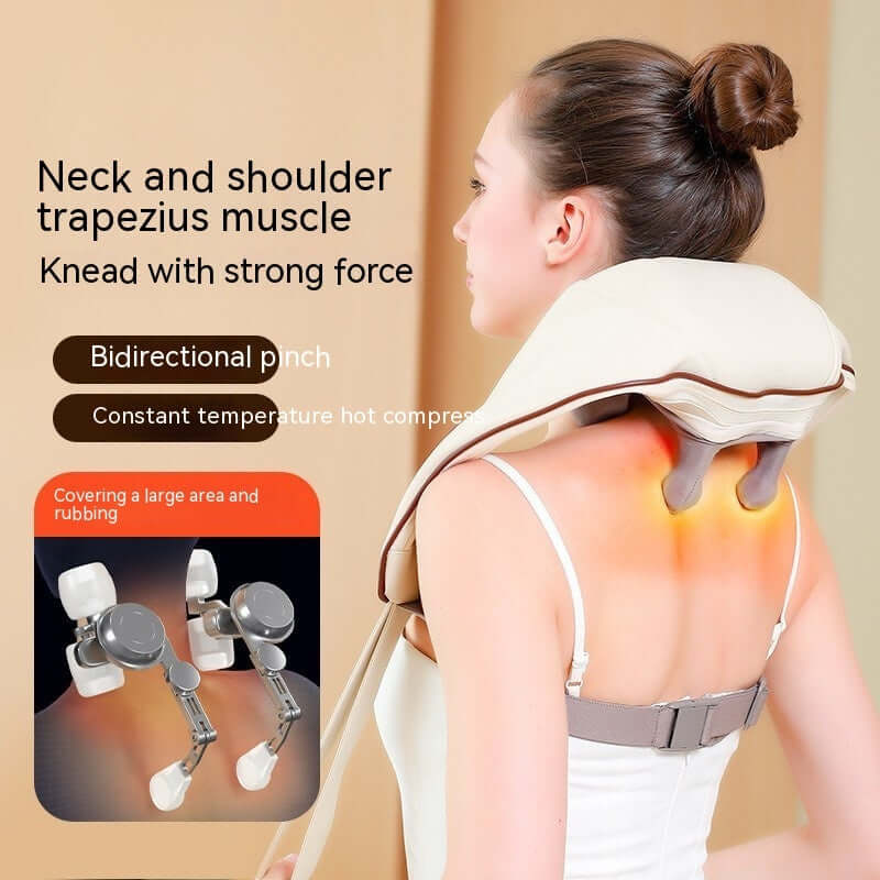 Woman using Home Kneading Hot Compress Shoulder And Neck Massager showing bidirectional pinch and constant temperature hot compress features