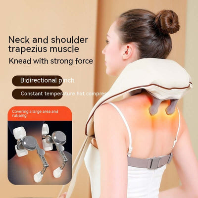 Woman using Home Kneading Hot Compress Shoulder And Neck Massager showing bidirectional pinch and constant temperature hot compress features
