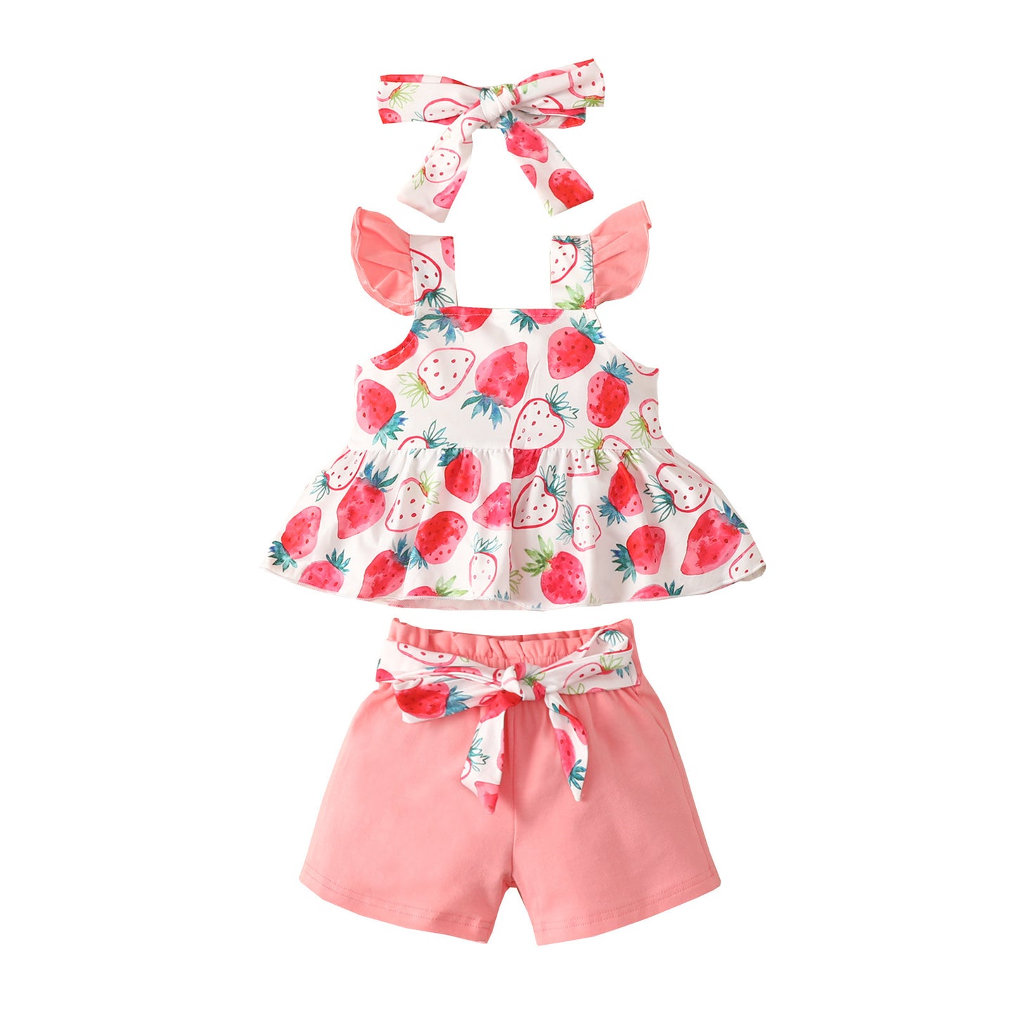 Girls' Fashion Flounced Sleeve Top And Shorts Three-piece Suit