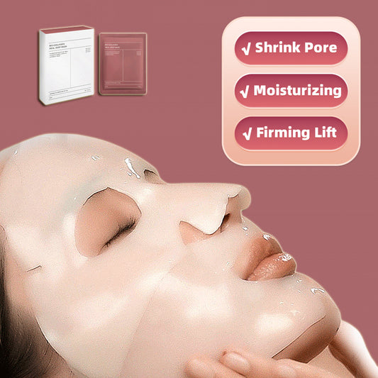 Woman using collagen face mask for shrink pore, moisturizing, and firming lift benefits with product packaging in the background.